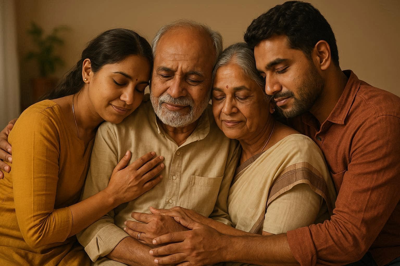 Family embracing with love and togetherness, eyes closed in warmth, showing emotional bonding, caregiver therapy, mindfulness, and resilience. reduce caregiver stress