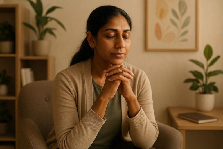 Woman meditating peacefully in cozy room surrounded by plants and artwork, indoor mindfulness, relaxation, serene home environment, and wellness practice. showing Cognitive hypnotic psychotherapy