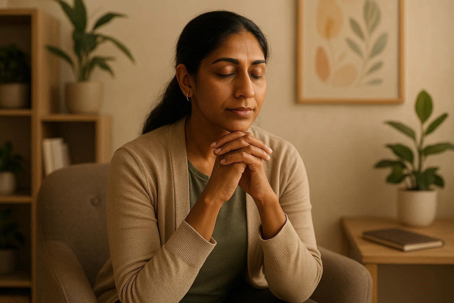 Woman meditating peacefully in cozy room surrounded by plants and artwork, indoor mindfulness, relaxation, serene home environment, and wellness practice. showing Cognitive hypnotic psychotherapy