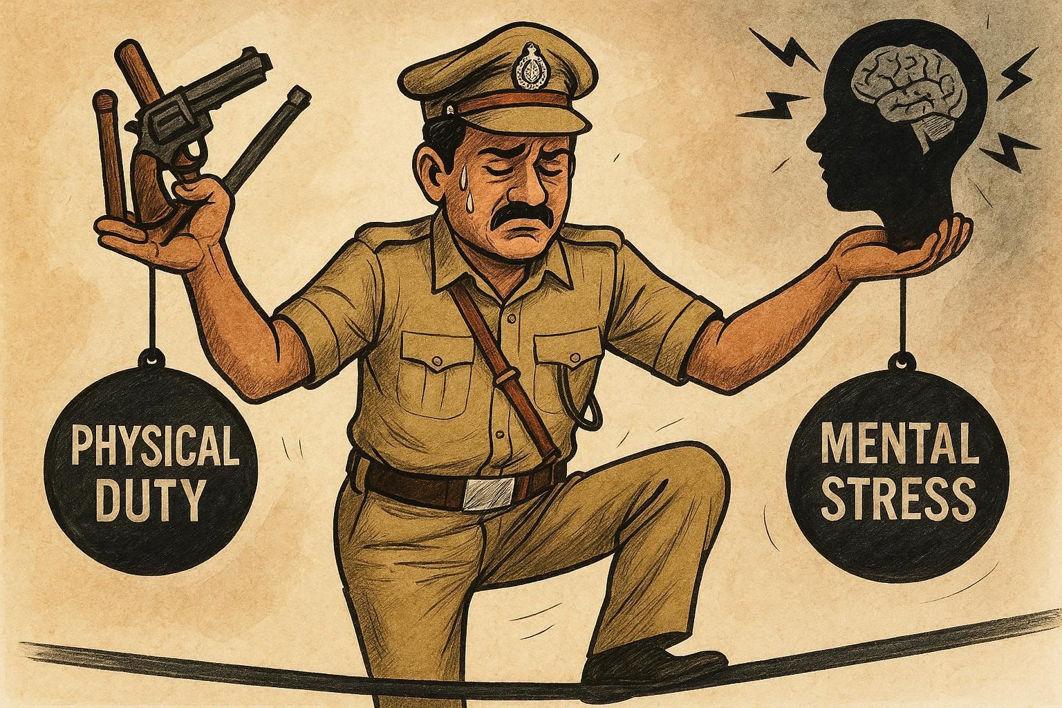 Police officer balancing physical duty and mental stress on a tightrope, symbolizing law enforcement resilience, stress management, and mental health awareness to enhance police officer performance