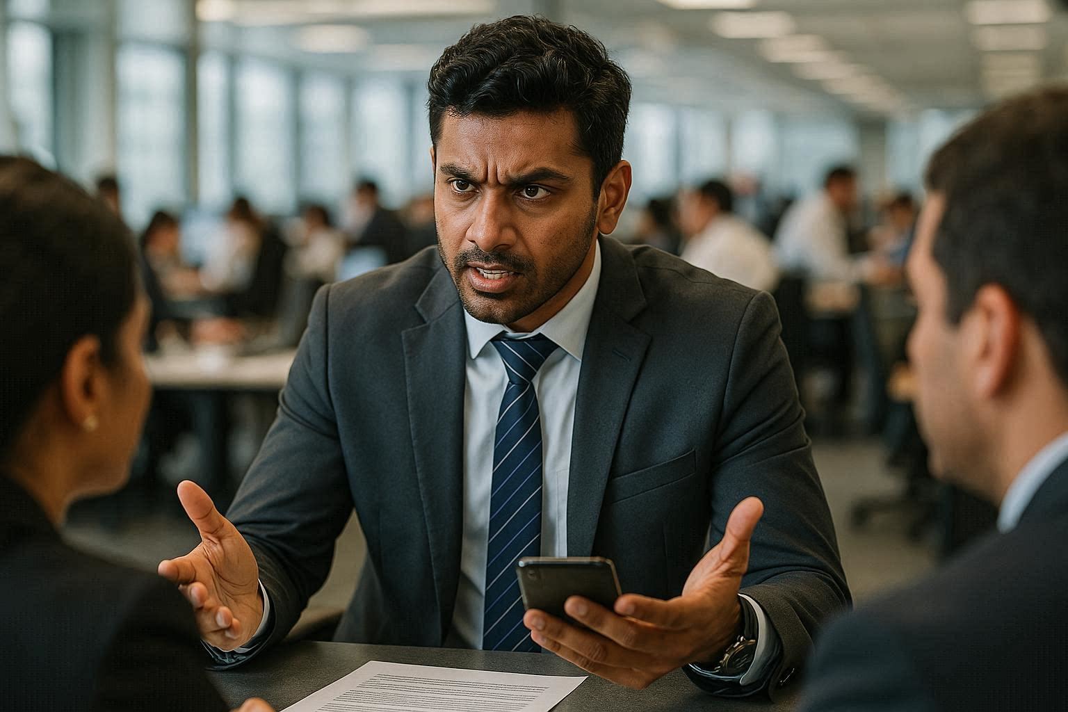 Frustrated businessman gesturing during a meeting while holding a smartphone in an office setting.