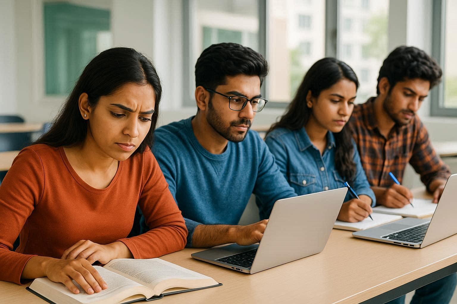 Students studying in a classroom with laptops and books, focused on learning, online education, digital study resources, and collaborative classroom environment for students academic.